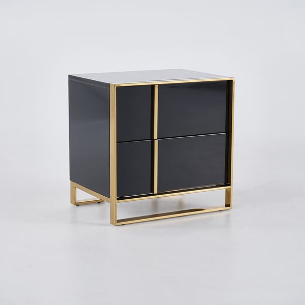 Black Lacquer Bedroom Nightstand Stainless Steel in Gold