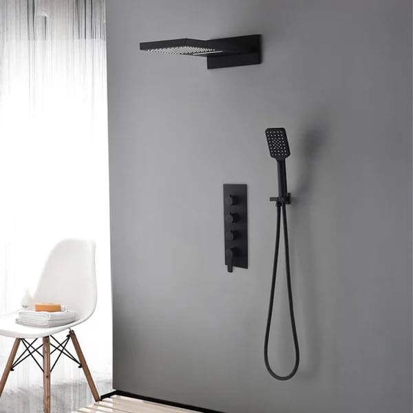 Black Modern Wall Mounted Waterfall Shower System Solid Brass with Handheld Shower