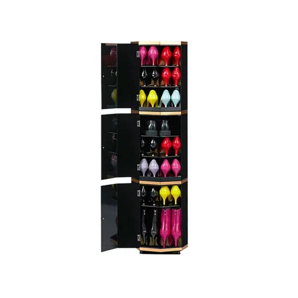 Armoire de rangement pour chaussures haute et étroite pivotante ronde noire avec 3 portes 18 paires