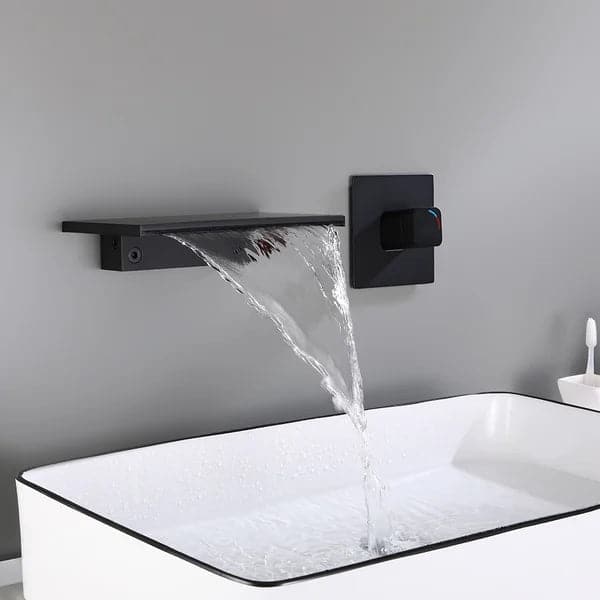 Black Waterfall Wall Mounted Bathroom Sink Faucet Single Knob Solid Brass