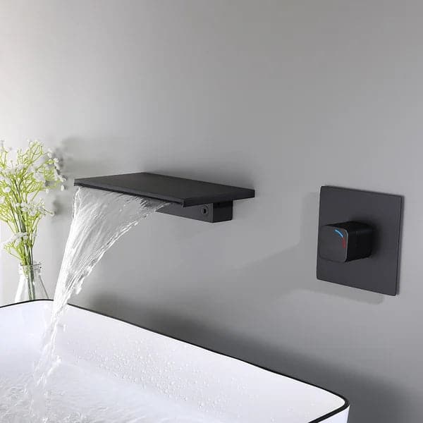 Black Waterfall Wall Mounted Bathroom Sink Faucet Single Knob Solid Brass