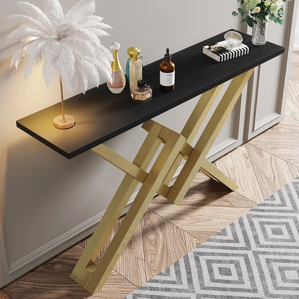 Black/White & Gold Narrow Console Table Accent Table For Entryway X Base & Metal in Small#Black-S