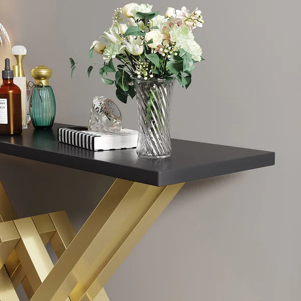 Black/White & Gold Narrow Console Table Accent Table For Entryway X Base & Metal in Small#Black-S