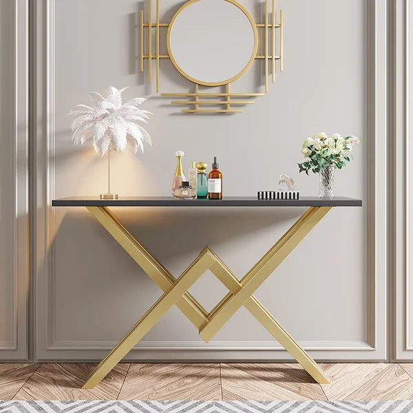 Black/White & Gold Narrow Console Table Accent Table For Entryway X Base & Metal in Small#Black-S