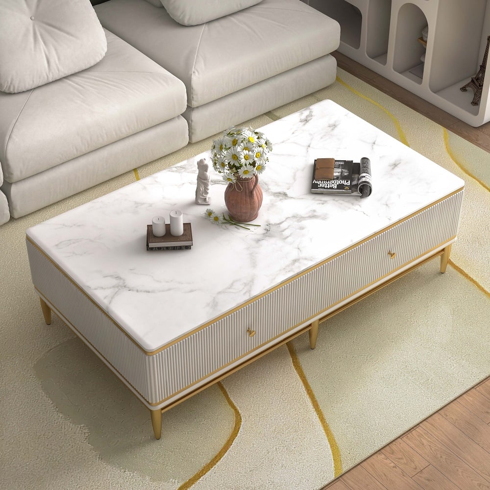 51" White Faux Marble Rectangle Coffee Table in Gold with Storage 4 Drawers