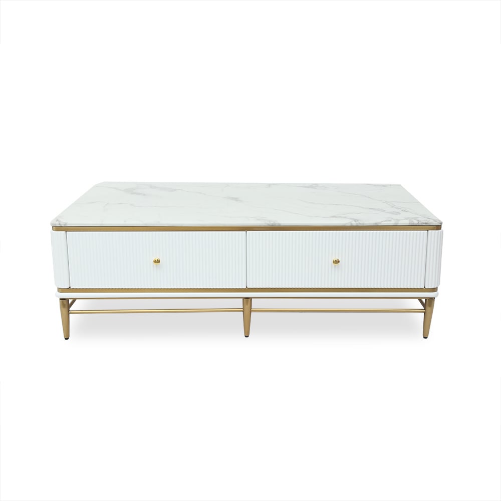 51" White Faux Marble Rectangle Coffee Table in Gold with Storage 4 Drawers