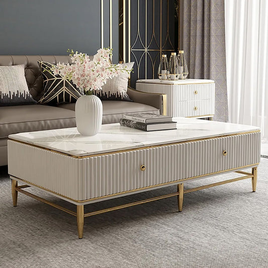 51" White Faux Marble Rectangle Coffee Table in Gold with Storage 4 Drawers