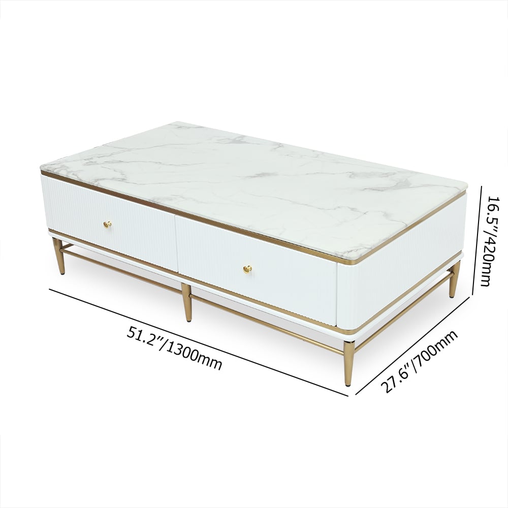 51" White Faux Marble Rectangle Coffee Table in Gold with Storage 4 Drawers