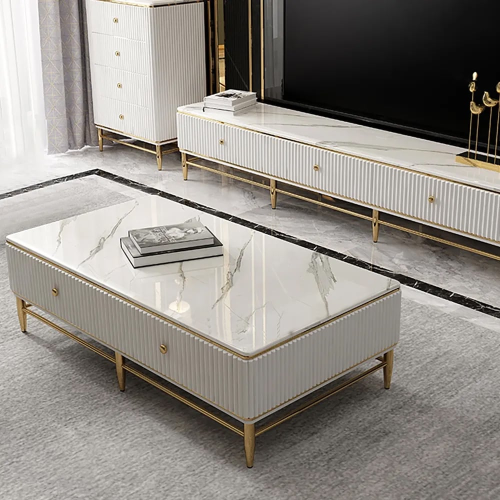 51" White Faux Marble Rectangle Coffee Table in Gold with Storage 4 Drawers