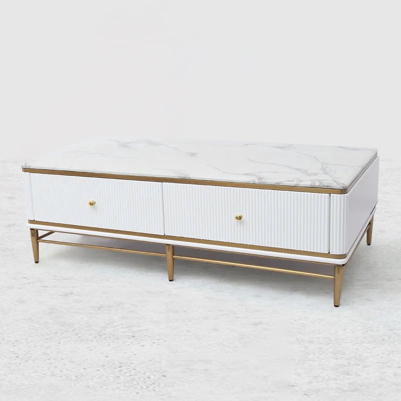 51" White Faux Marble Rectangle Coffee Table in Gold with Storage 4 Drawers