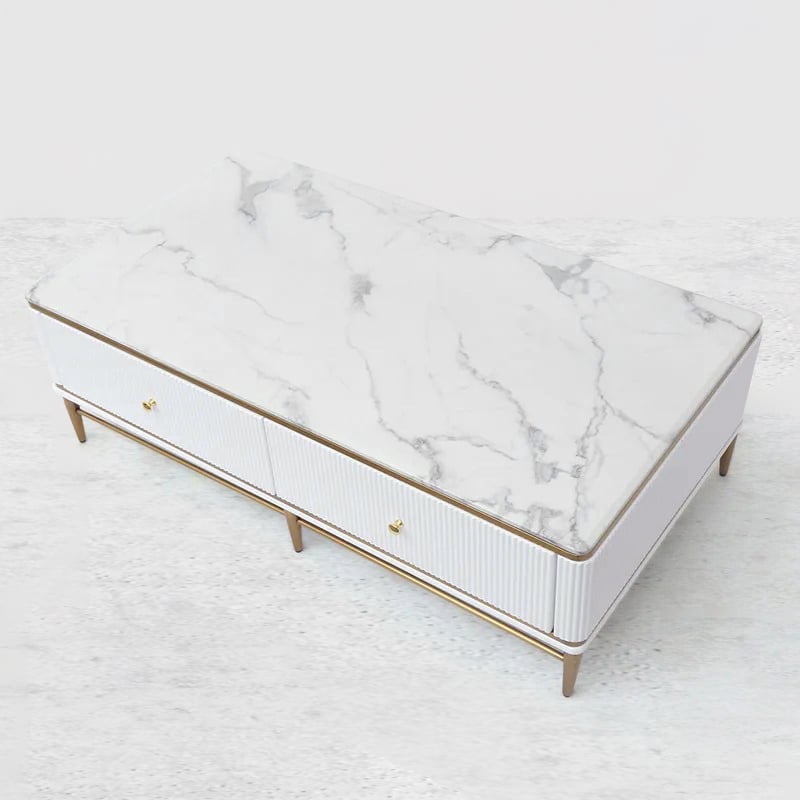 51" White Faux Marble Rectangle Coffee Table in Gold with Storage 4 Drawers