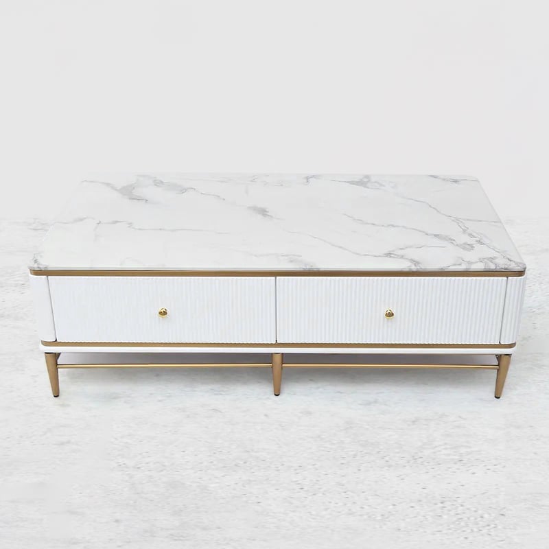 51" White Faux Marble Rectangle Coffee Table in Gold with Storage 4 Drawers