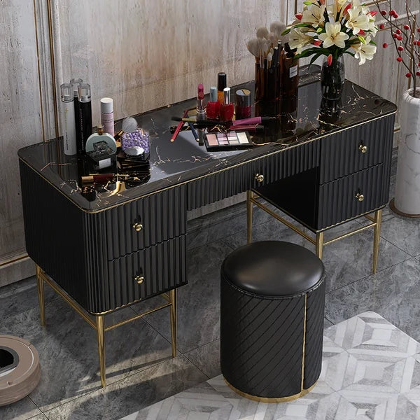 Black Makeup Vanity Table Marble Dressing Table with Drawers Gold Stainless Steel