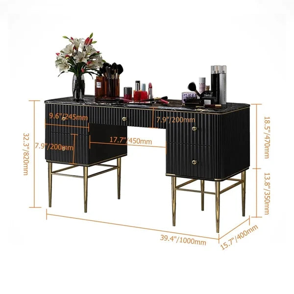 Black Makeup Vanity Table Marble Dressing Table with Drawers Gold Stainless Steel