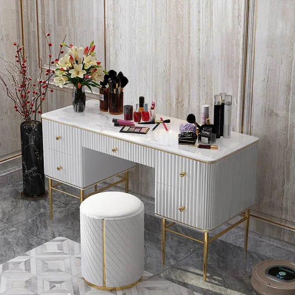 White Makeup Vanity Table Marble Dressing Table with Drawers Gold Stainless Steel