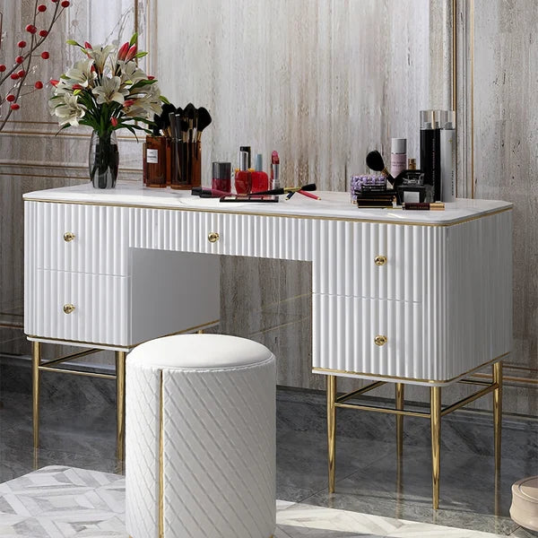 White Makeup Vanity Table Marble Dressing Table with Drawers Gold Stainless Steel
