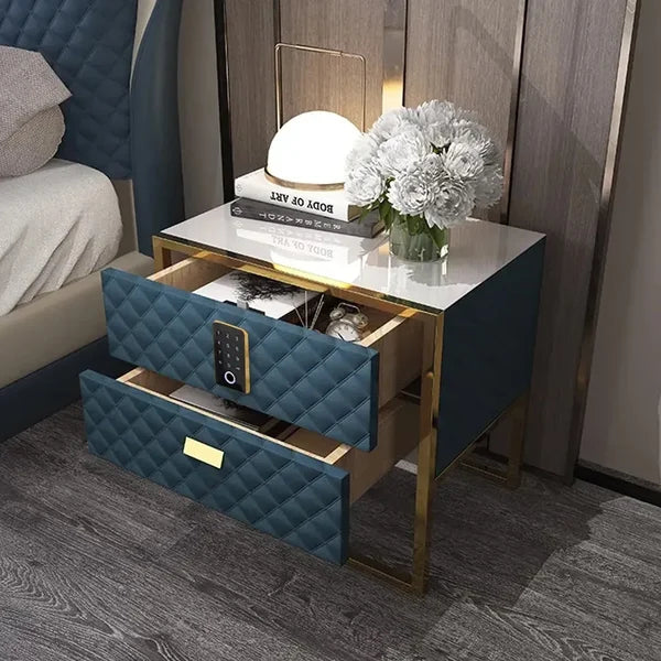 Blue 2 Drawers Bedroom Nightstand with Electronic Lock Stainless Steel Base