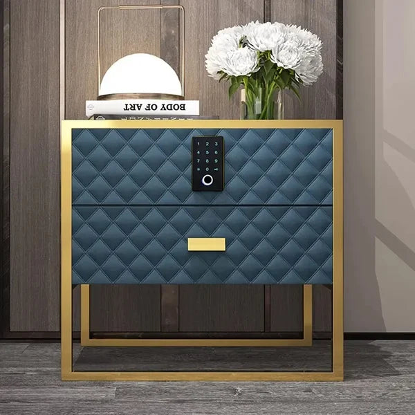 Blue 2 Drawers Bedroom Nightstand with Electronic Lock Stainless Steel Base