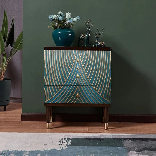 Novel Blue Cabinet Gold-Painted 3-Drawer Chest in Small