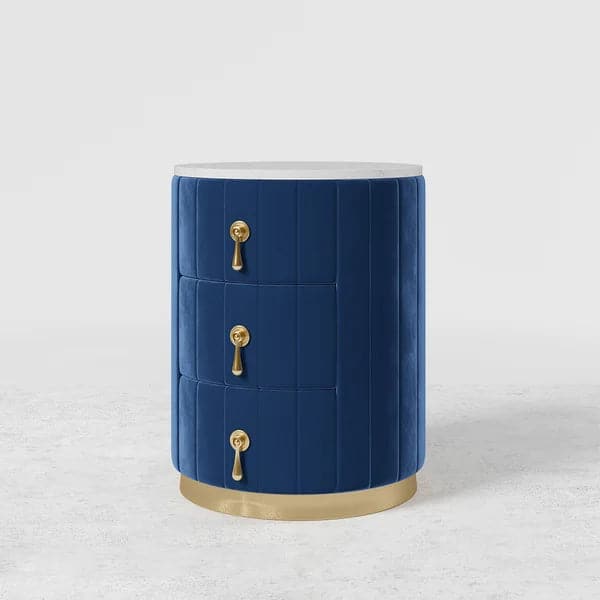 Blue Velvet Nightstand with Storage Sintered Stone Top Round Nightstand with 3 Drawers