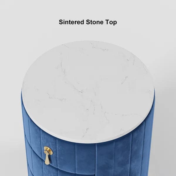 Blue Velvet Nightstand with Storage Sintered Stone Top Round Nightstand with 3 Drawers