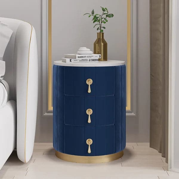 Blue Velvet Nightstand with Storage Sintered Stone Top Round Nightstand with 3 Drawers