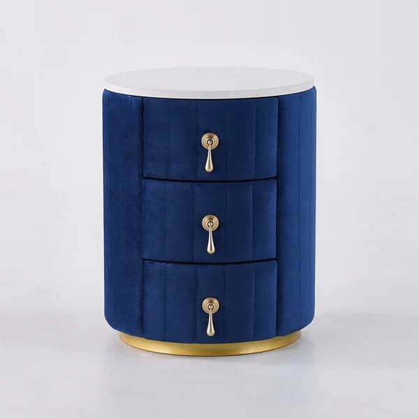 Blue Velvet Nightstand with Storage Sintered Stone Top Round Nightstand with 3 Drawers