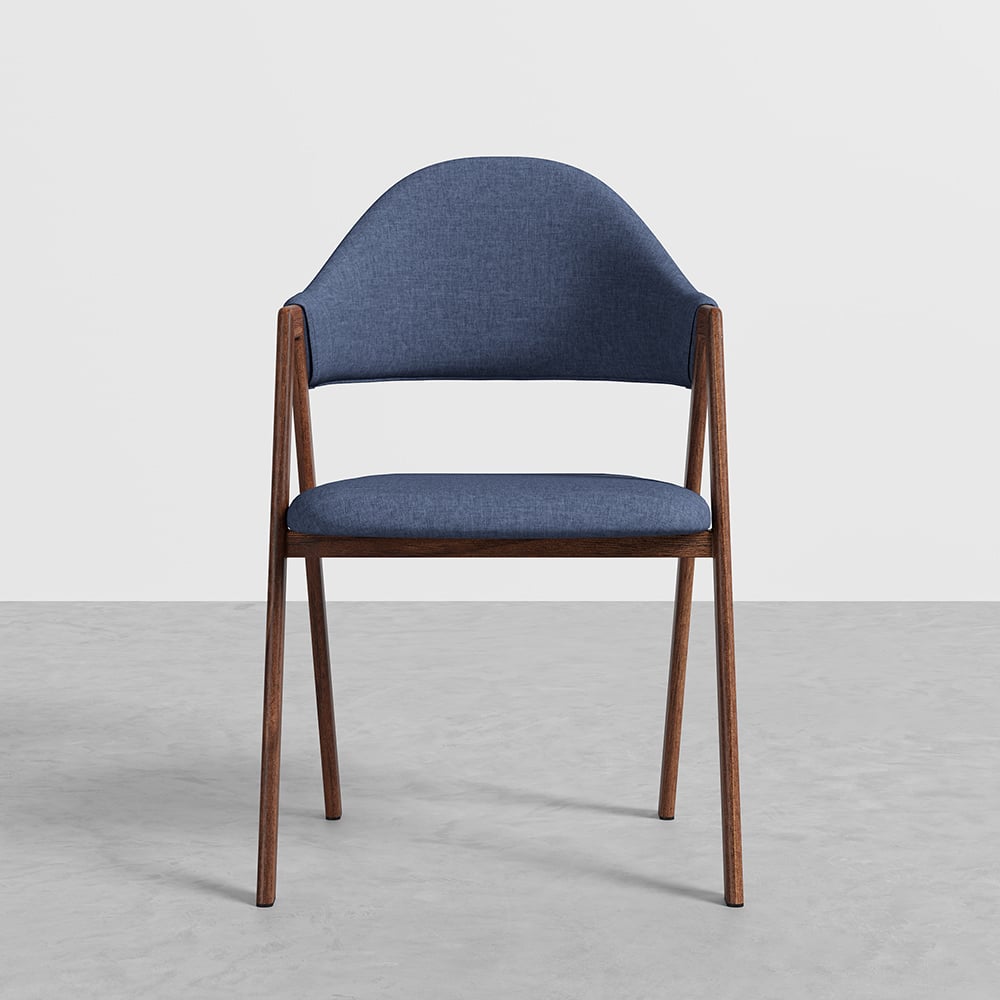 Blue Linen Upholstered Dining Chair Curved Back Chair