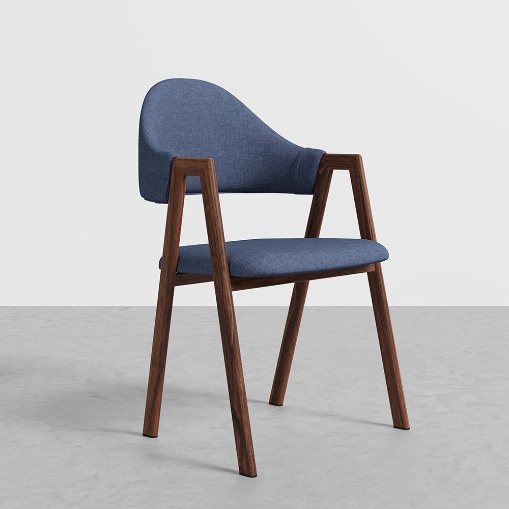 Blue Linen Upholstered Dining Chair Curved Back Chair