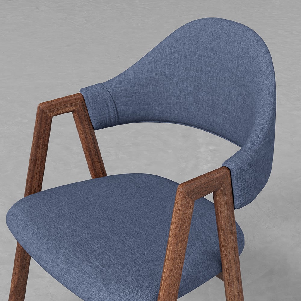 Blue Linen Upholstered Dining Chair Curved Back Chair