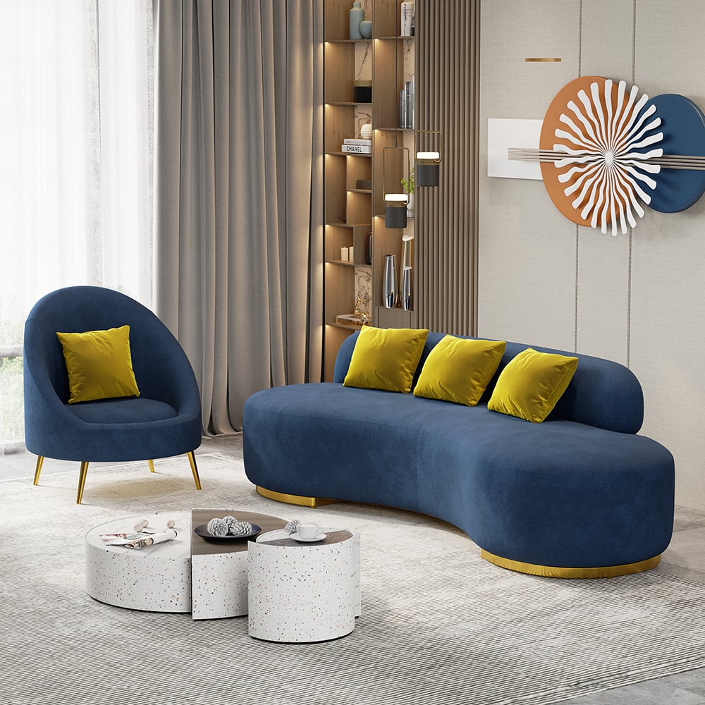 Multicolor Velvet Upholstered Curved Sofa Living Room Set of 3 with Pillows Chairs & 3-seater#Blue