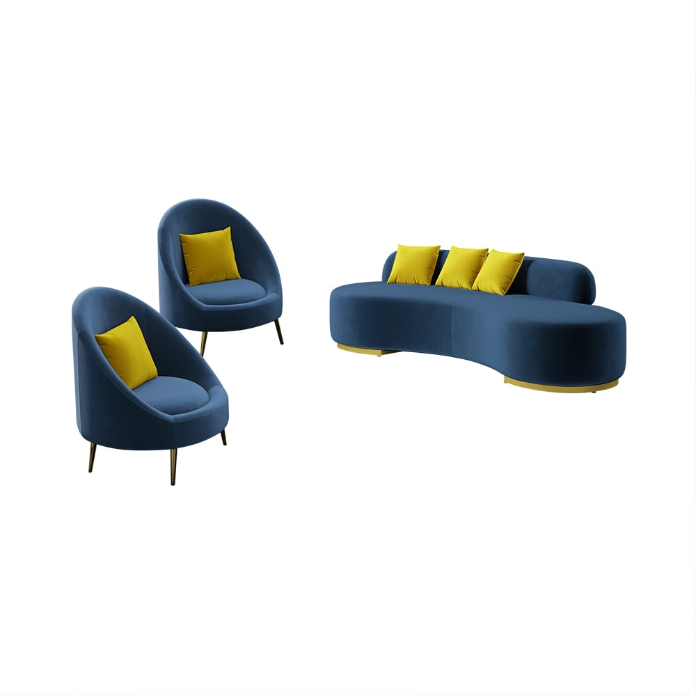 Multicolor Velvet Upholstered Curved Sofa Living Room Set of 3 with Pillows Chairs & 3-seater#Blue