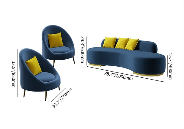 Multicolor Velvet Upholstered Curved Sofa Living Room Set of 3 with Pillows Chairs & 3-seater#Blue