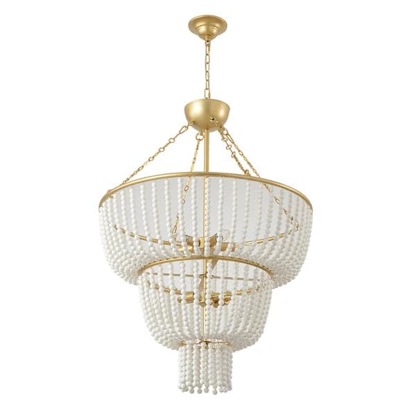 Boho 2-Tier White Ceramic Beads Gold Metal Frame 6/7-Light Chandelier in Brass#7-Light