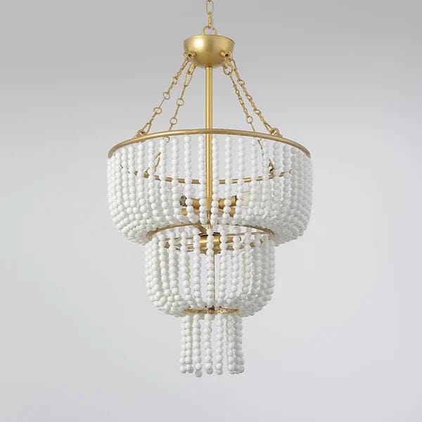 Boho 2-Tier White Ceramic Beads Gold Metal Frame 6/7-Light Chandelier in Brass#6-Light