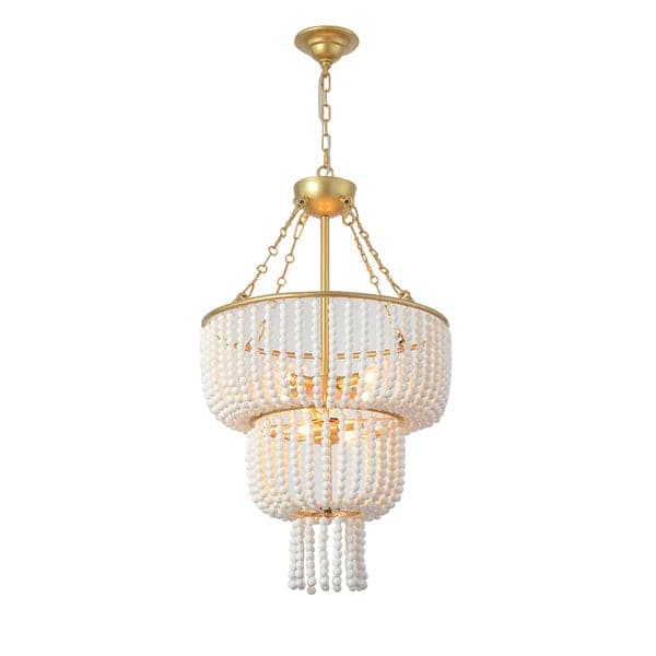 Boho 2-Tier White Ceramic Beads Gold Metal Frame 6/7-Light Chandelier in Brass#6-Light