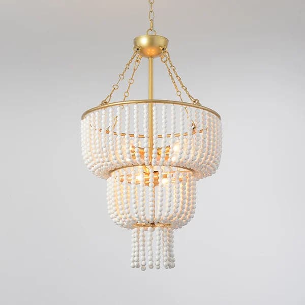 Boho 2-Tier White Ceramic Beads Gold Metal Frame 6/7-Light Chandelier in Brass#6-Light