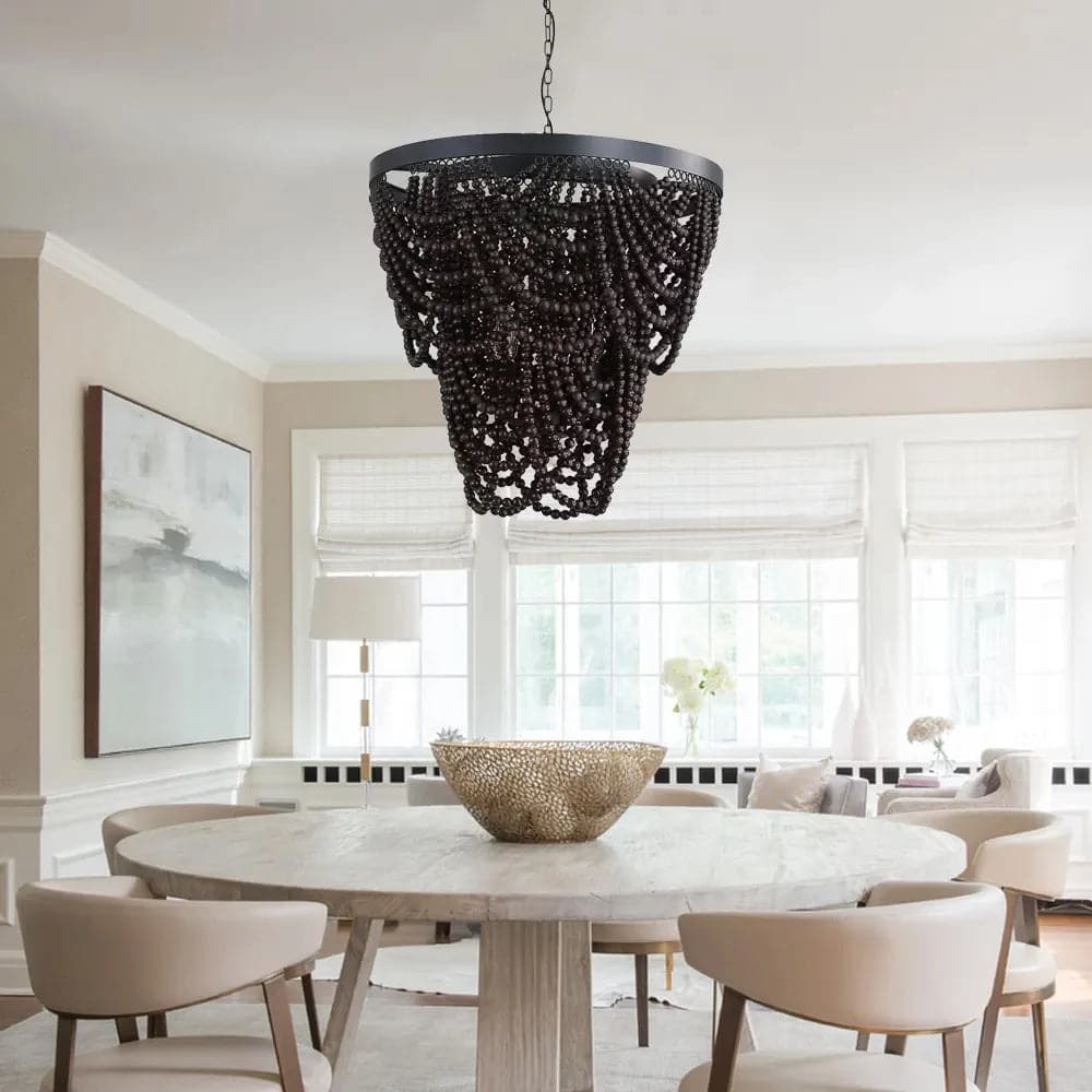 Wooden Bead Chandelier Cascade 3-Light Pendant Light in Matte Black