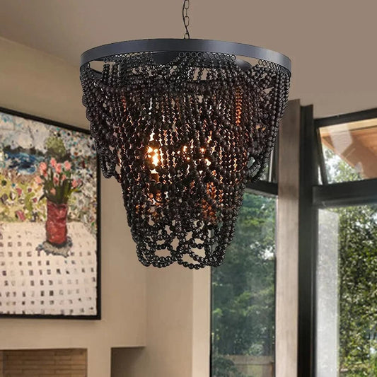 Wooden Bead Chandelier Cascade 3-Light Pendant Light in Matte Black