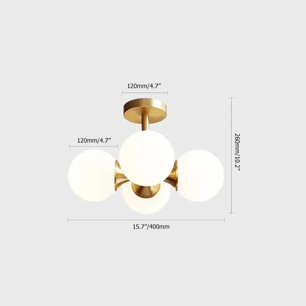 Brass 4-Light Semi-Flush Mount Ceiling Light Globe Shade Mini Chandelier