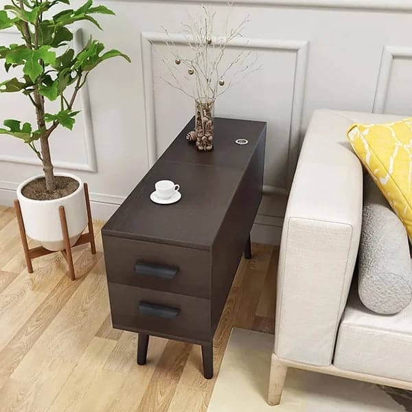 Brown Rectangle End Table with Drawers Modern Sofa Table for Living Room