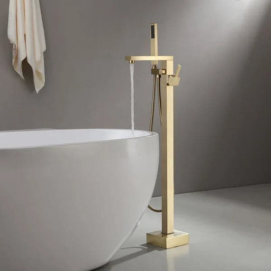Brushed Gold Freestanding Tub Filler Floor Mount Bathtub Faucet with Hand Shower