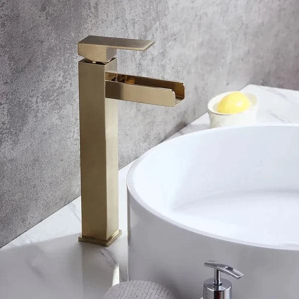 Robinet de lavabo de salle de bains à poignée unique en or brossé, cascade en laiton massif moderne