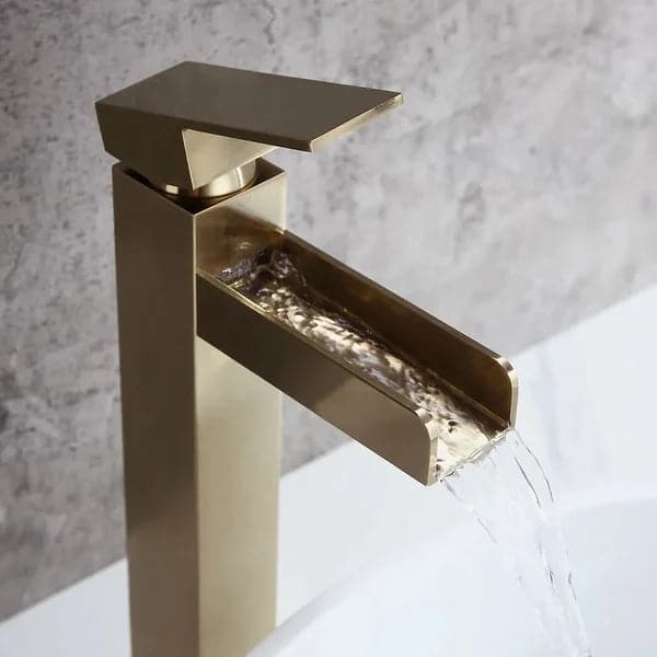 Brushed Gold Single Handle Waterfall Bathroom Vessel Sink Faucet Solid Brass Modern