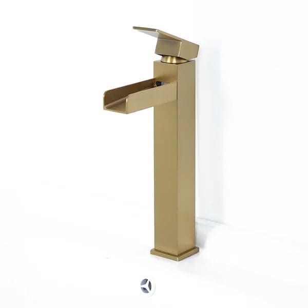 Brushed Gold Single Handle Waterfall Bathroom Vessel Sink Faucet Solid Brass Modern