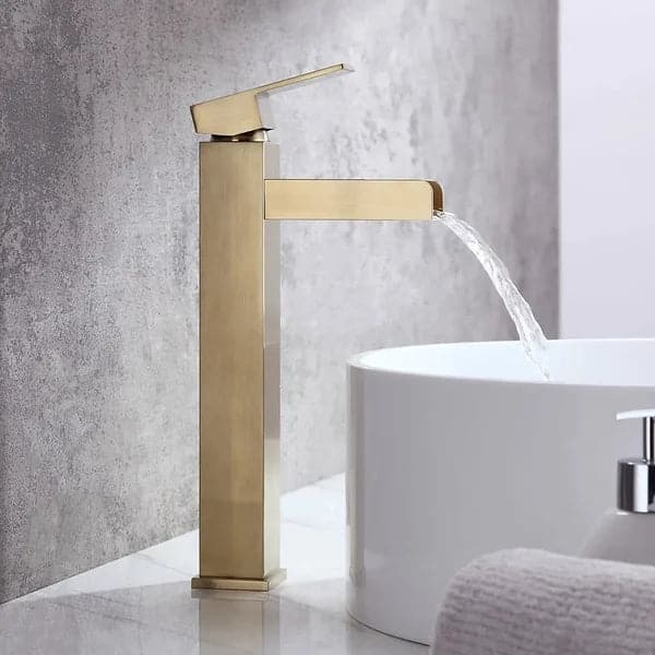 Brushed Gold Single Handle Waterfall Bathroom Vessel Sink Faucet Solid Brass Modern