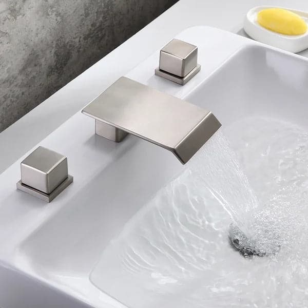 Brushed Nickel Waterfall Widespread Bathroom Sink Faucet Square Double Handle