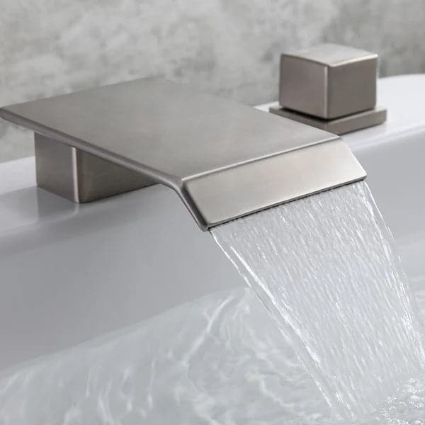 Brushed Nickel Waterfall Widespread Bathroom Sink Faucet Square Double Handle