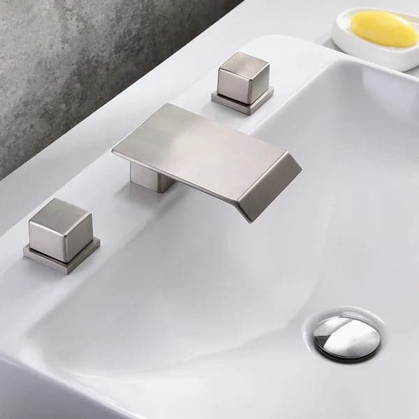 Brushed Nickel Waterfall Widespread Bathroom Sink Faucet Square Double Handle