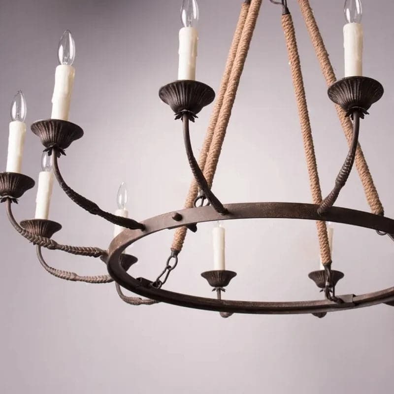 12-Light Candelabra Wagon Wheel Chandelier with Flaxen Hemp Rope